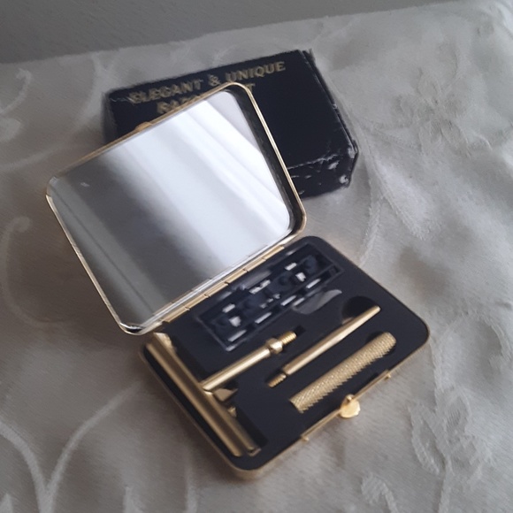 Travel Gold Plated Shaver Razor w Compact & Mirror  NEW - Picture 4 of 10